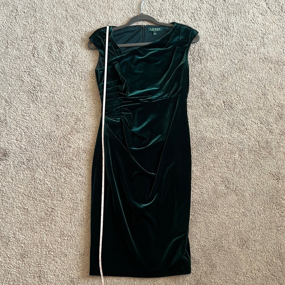 Ralph Lauren dark green velvet dress with asymmetrical neckline